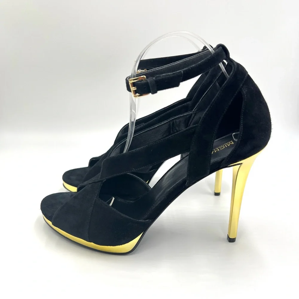MK‎ Michael Kors Womens Size 9.5 Black Suede Gold Stiletto Platform Heels Shoes